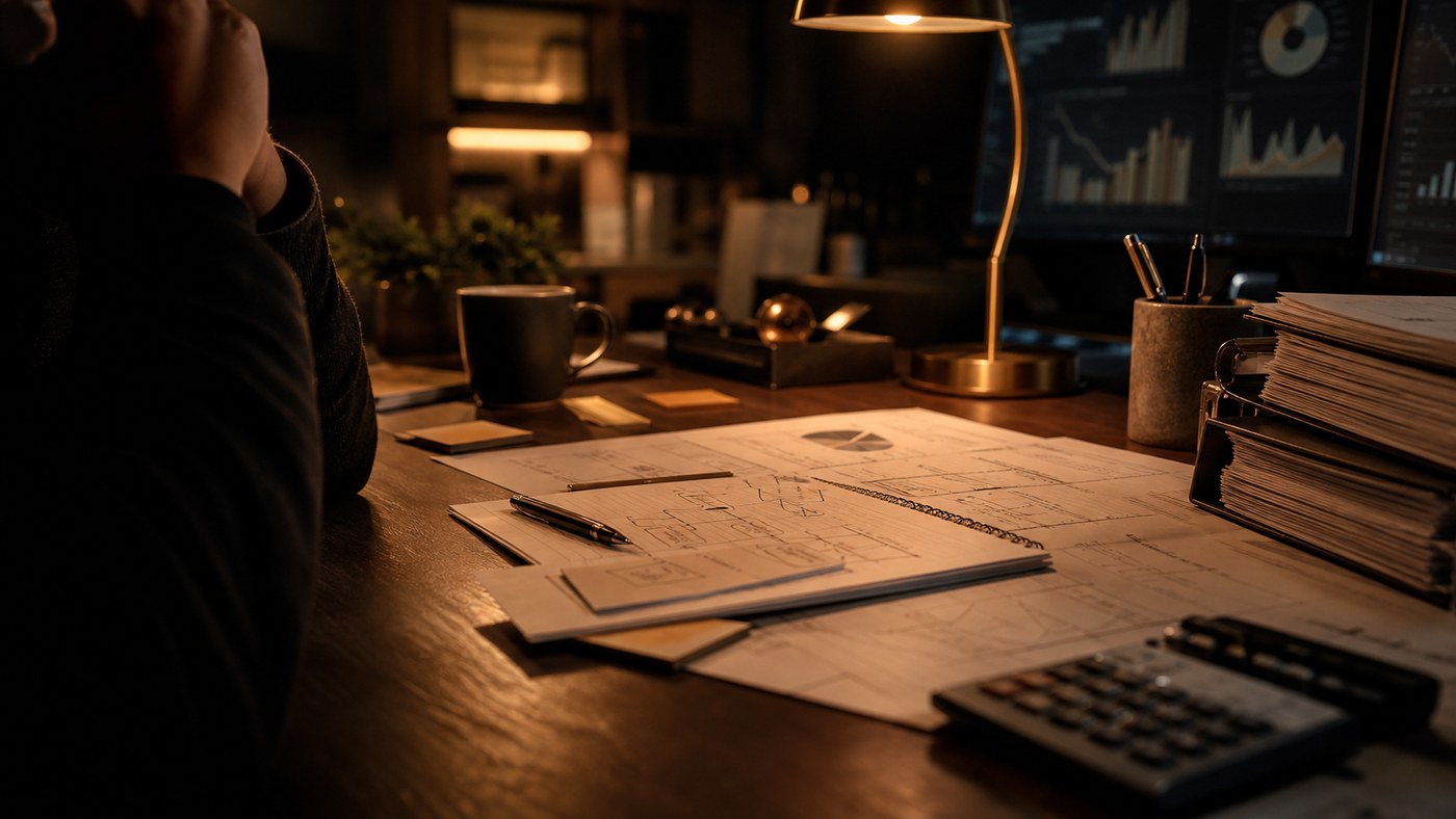 Executive desk with layered operating notes and dashboards